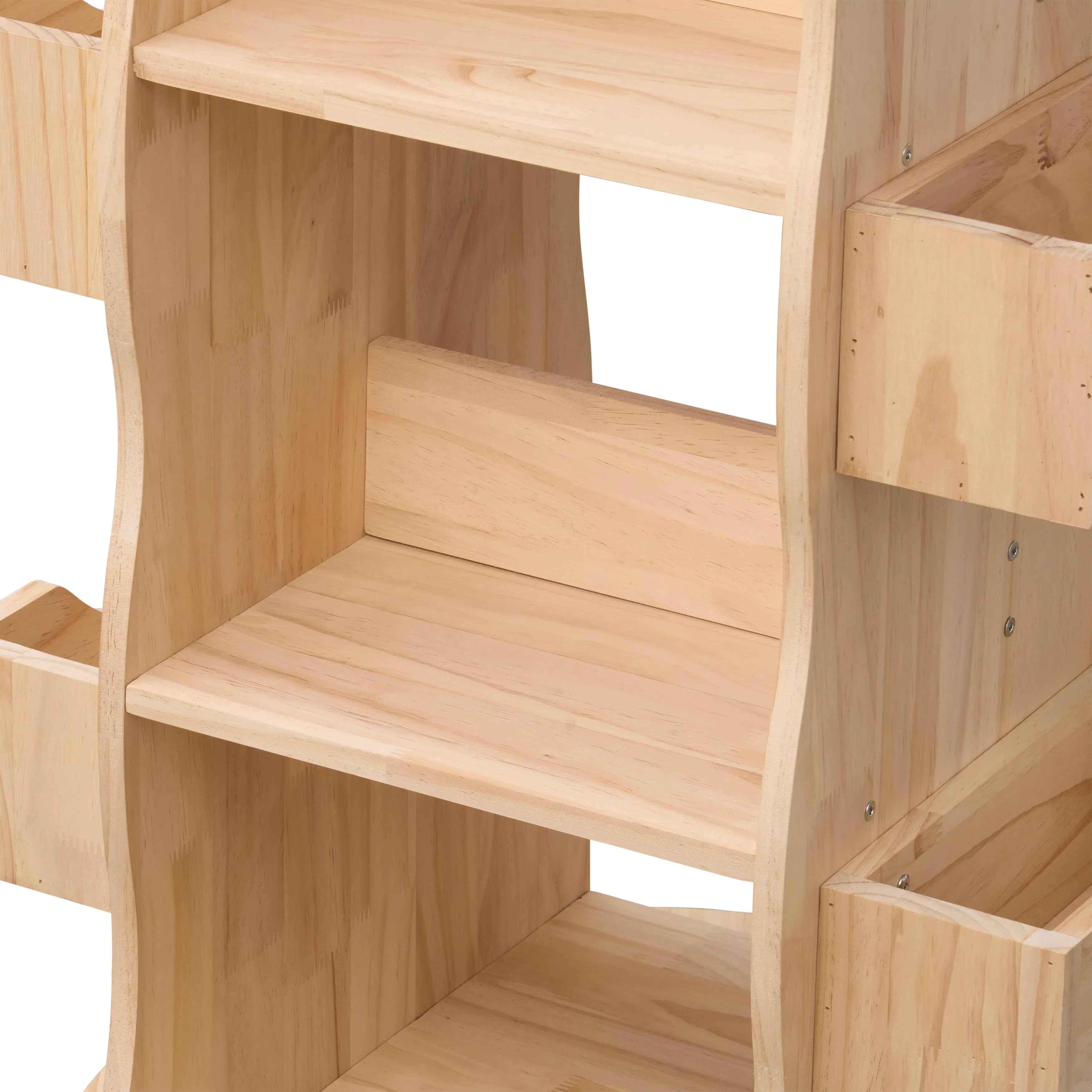 Nizu Kids 360 Rotating Shelf - 9 - Wooden shelf with metal screws, light brown wood grain, curved design, empty shelves