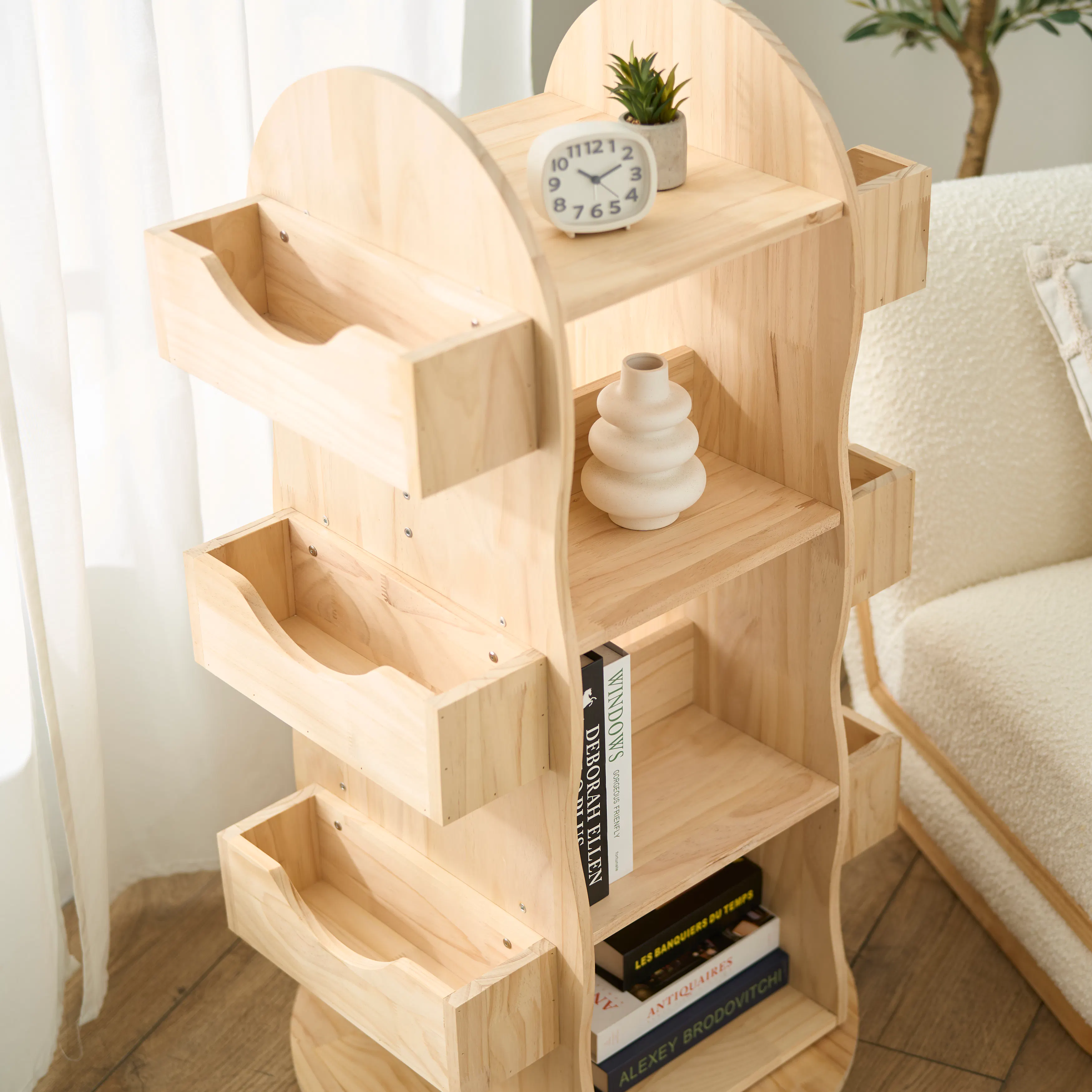 Nizu Kids 360 Rotating Shelf - 10 - Wooden shelf with multiple compartments, light beige color, minimalist design, light