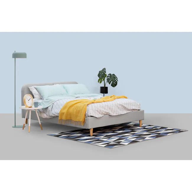 Nolan Queen Bed in Silver Fox with 2 Miah Bedside Table in White - 11 - Modern minimalist bedroom, light blue walls, cozy