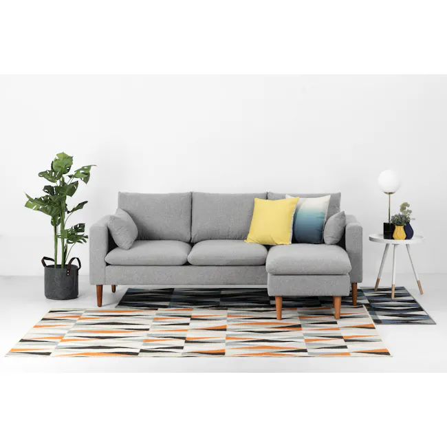 Alicia L-Shaped Sofa - Slate - 4 - Modern living room, minimalist design, gray sofa, yellow accent pillow, geometric pattern