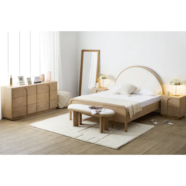 Marisa Table Lamp - Brass - 2 - Wooden nightstand, white curtains, minimalist decor, wooden dresser, framed photos, soft