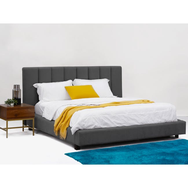 Elliot Queen Bed in Onyx Grey with 2 Lewis Bedside Tables in Black, Oak - 1