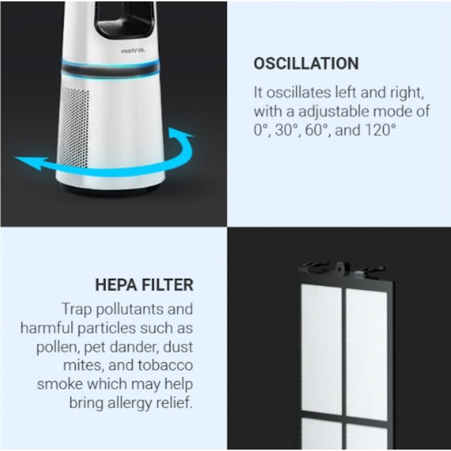 Mistral Blade Free Fan with Air Purifier MBFAP500 - 8 - oscillates left and right, adjustable mode of 0°, 30°, 60°, and