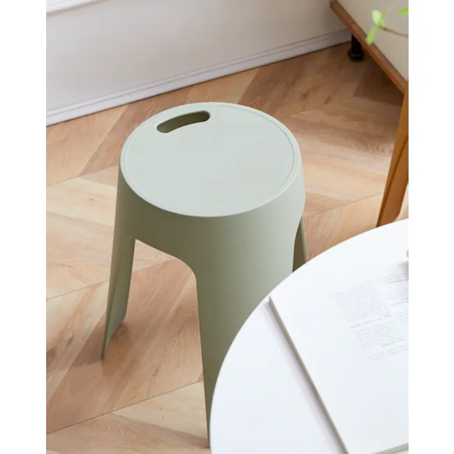 Jovie Stackable Stool - Taupe - 2 - Stool, minimalist, round, light green, wooden floor, natural wood, contemporary design