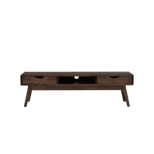 Lamar TV Console 1.5m - Walnut - 1 - Dark wood TV stand, minimalist design, rectangular shape, open shelving, two drawers