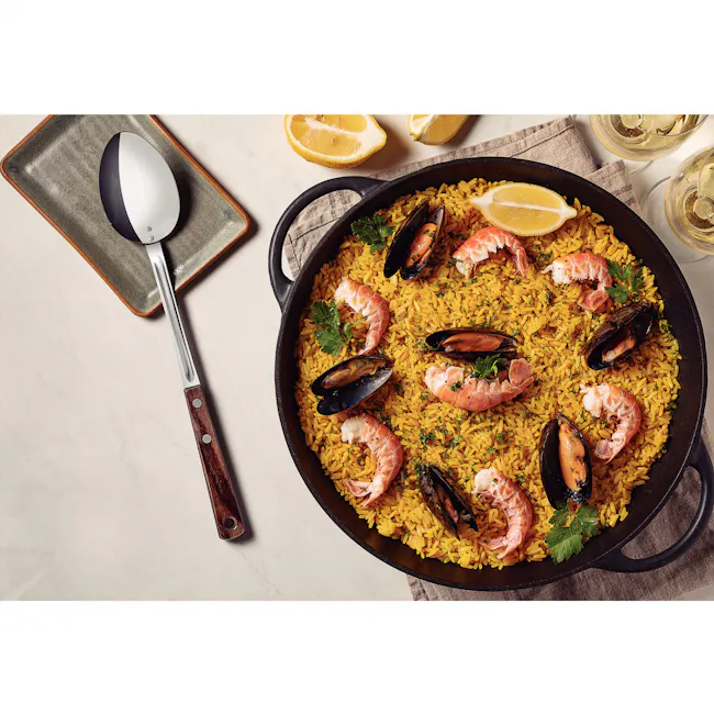 Tramontina Polywood Serving Spoon - Brown - 5 - Rigatoni pasta dish, seafood risotto, shrimp and mussels, garnished with