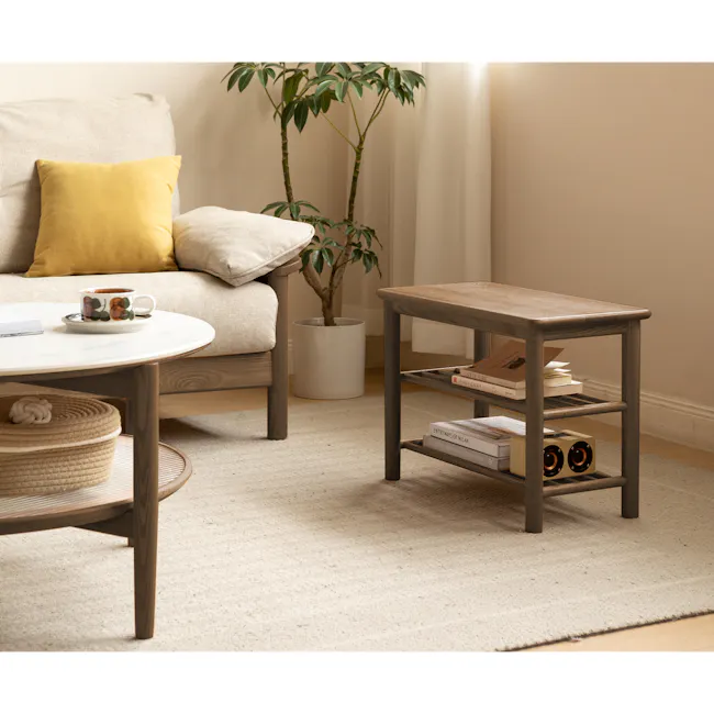 Azumi Shoe Rack Bench 0.6m - Walnut - 3 - Cream sofa, yellow pillow, round coffee table, wooden side table, potted plant
