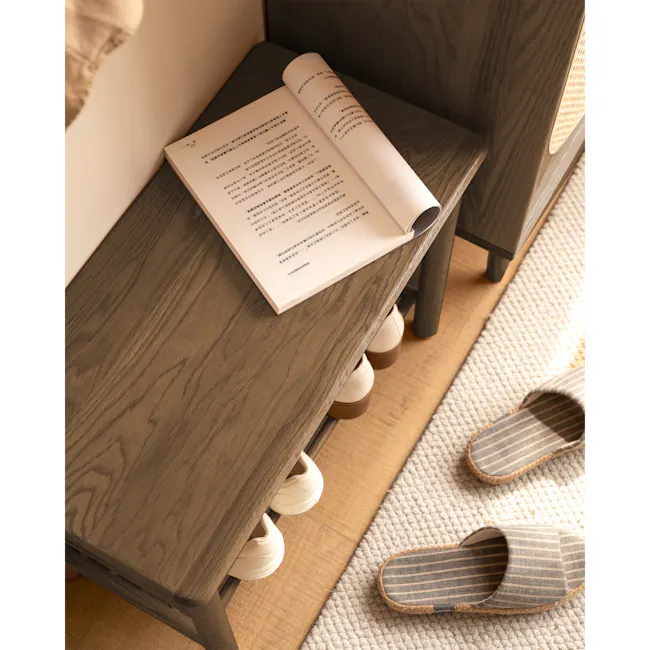 Azumi Shoe Rack Bench 0.6m - Walnut - 4 - Wooden side table, open book, Japanese text, light brown wood, soft lighting, cozy
