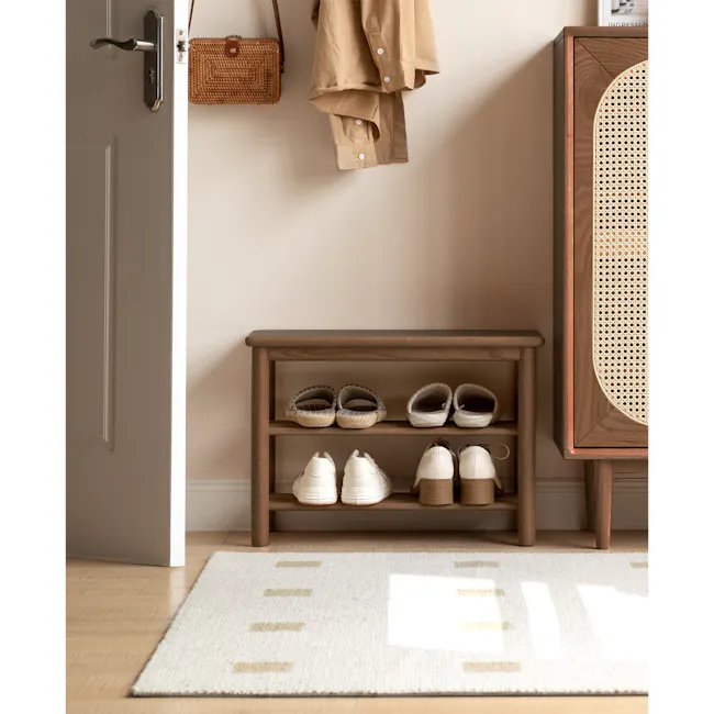Azumi Shoe Rack Bench 0.6m - Walnut - 5 - Wooden shoe rack, beige shoes, white sneakers, woven basket, wooden shelf, light