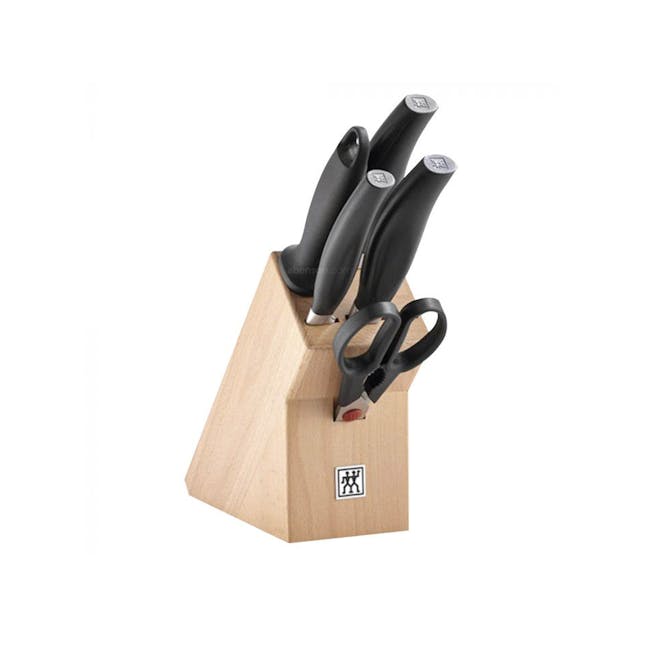Zwilling 5Star 6pc Knife Block Set - Paring, Chef, Santoku with hollow edge, Sharpening Steel, Multi-purpose Shear & Wooden Block - 0