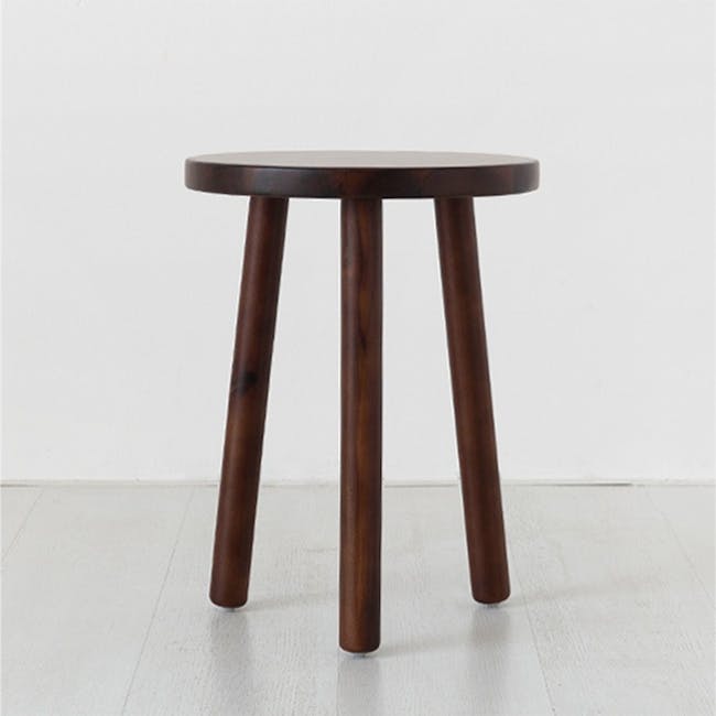 Vezzo Stool Side Table - 5 - Dark wood stool, minimalist design, round top, three-legged structure, natural wood finish