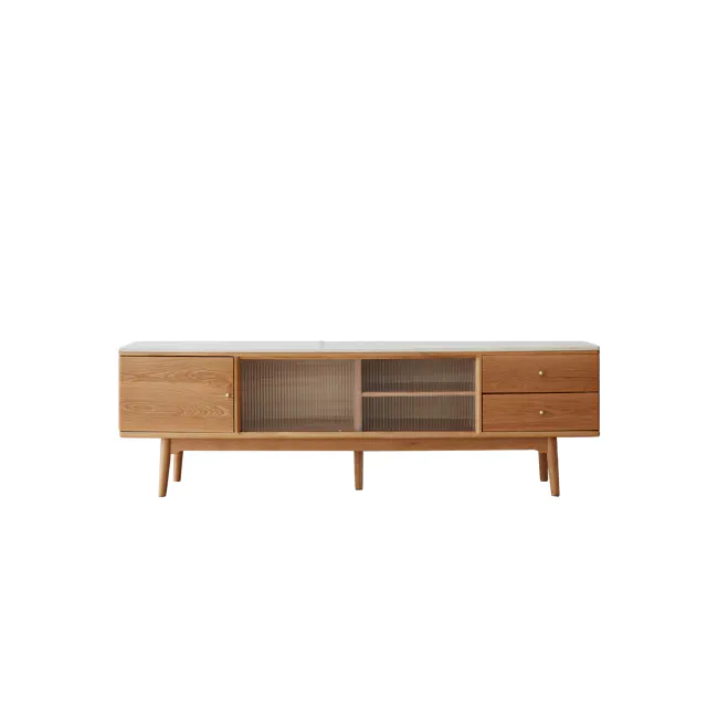 Aster TV Console 1.5m - Oak (Sintered Stone) - 1 - Wooden sideboard with glass panel, minimalist design, natural wood