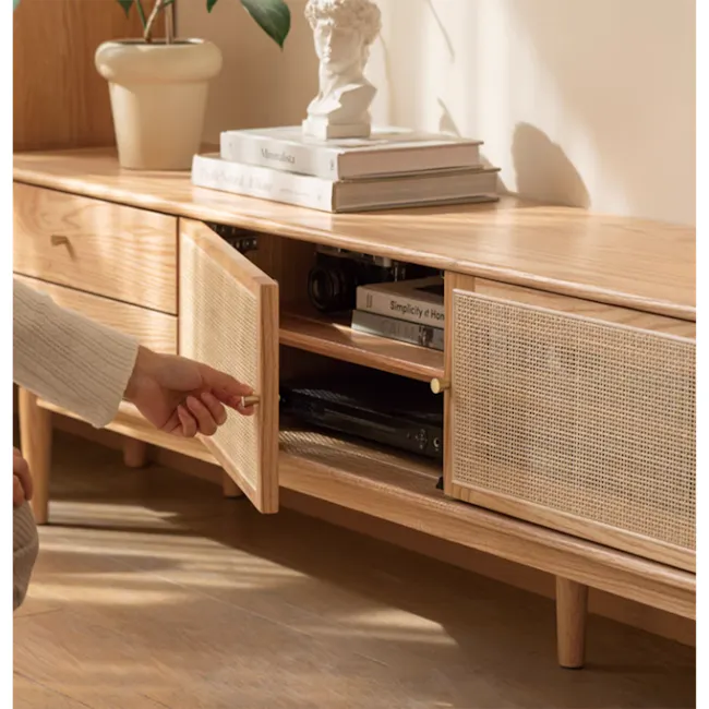 Taya Rattan TV Console 1.8m - Natural - 3 - Wooden side table, open drawer, fabric mesh, minimalist decor, natural light