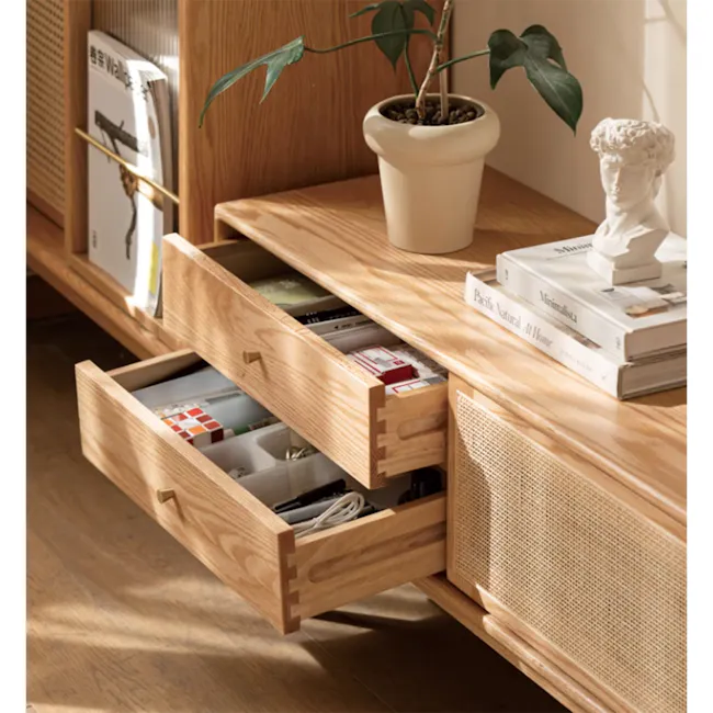 Taya Rattan TV Console 1.8m - Natural - 4 - Wooden side table, open drawers, neatly organized, minimalist design, natural