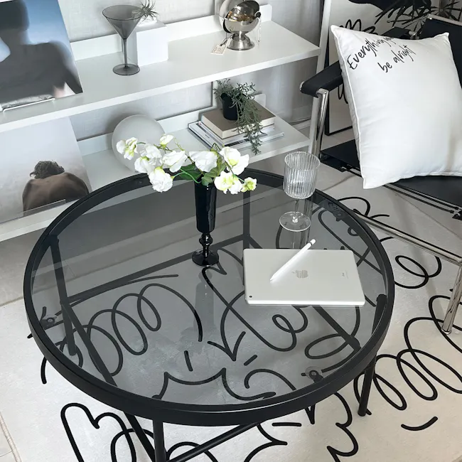 Cashel Round Coffee Table - Matt Black, Smoked Glass - 5 - glass coffee table, modern decor, minimalist design, black and