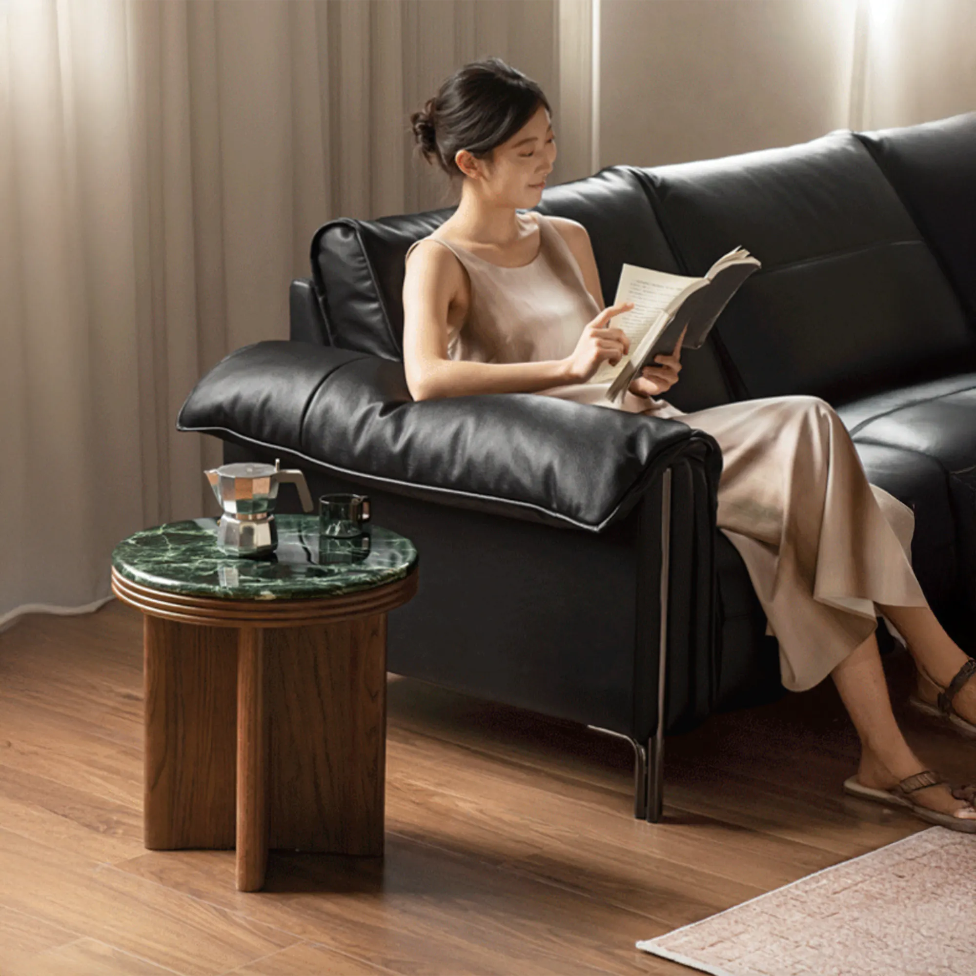 Reign Round Coffee Table 0.7m - Walnut, Jade (Marble) - 11