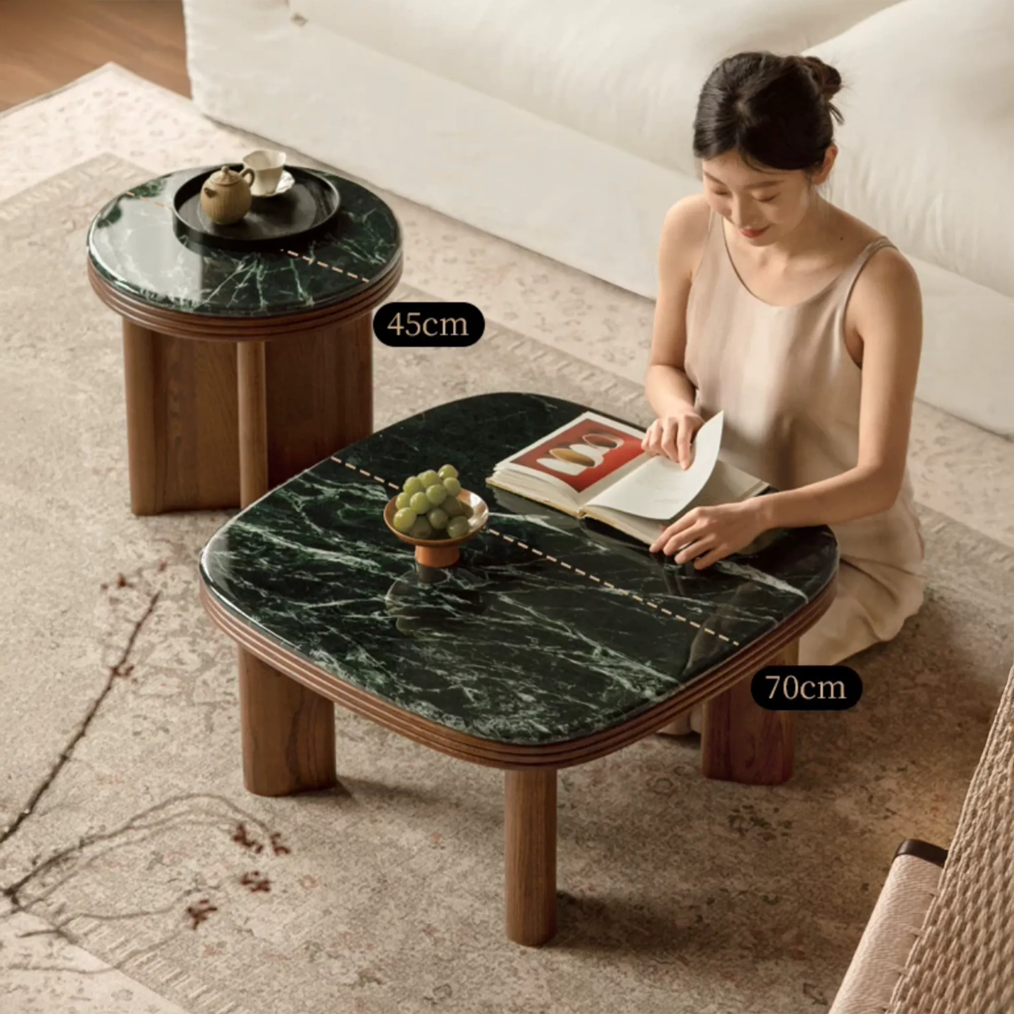 Reign Round Coffee Table 0.7m - Walnut, Jade (Marble) - 9