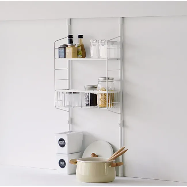 HEIAN Adjustable Kitchen Rack - White - 4 - White kitchen shelf, neatly organized jars, glass jars, white countertop, white