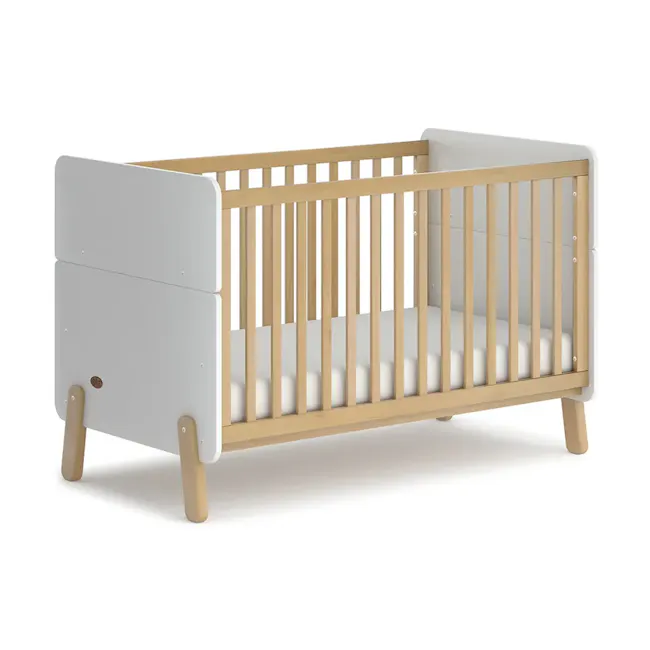 Natty Boori Cot Bed - Barley & Almond - 1 - Wooden crib with white panels, minimalist design, soft padded mattress, four
