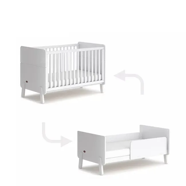Natty Boori Cot Bed - Barley & Almond - 5 - White crib with vertical bars, modern design, minimalist style, child safety
