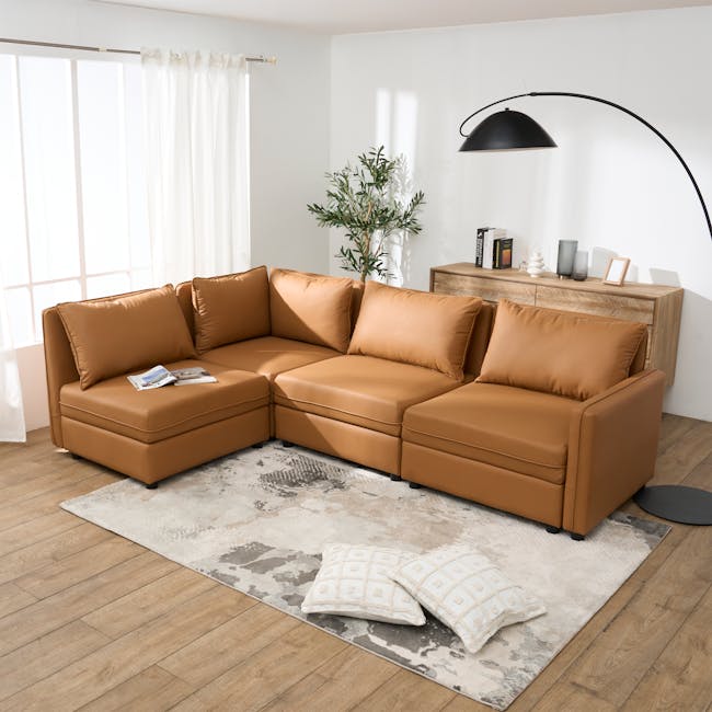 Cameron Right Storage Arm Unit - Tan (Pet Friendly) - 3 - Modern living room with large brown leather sofa, beige and gray