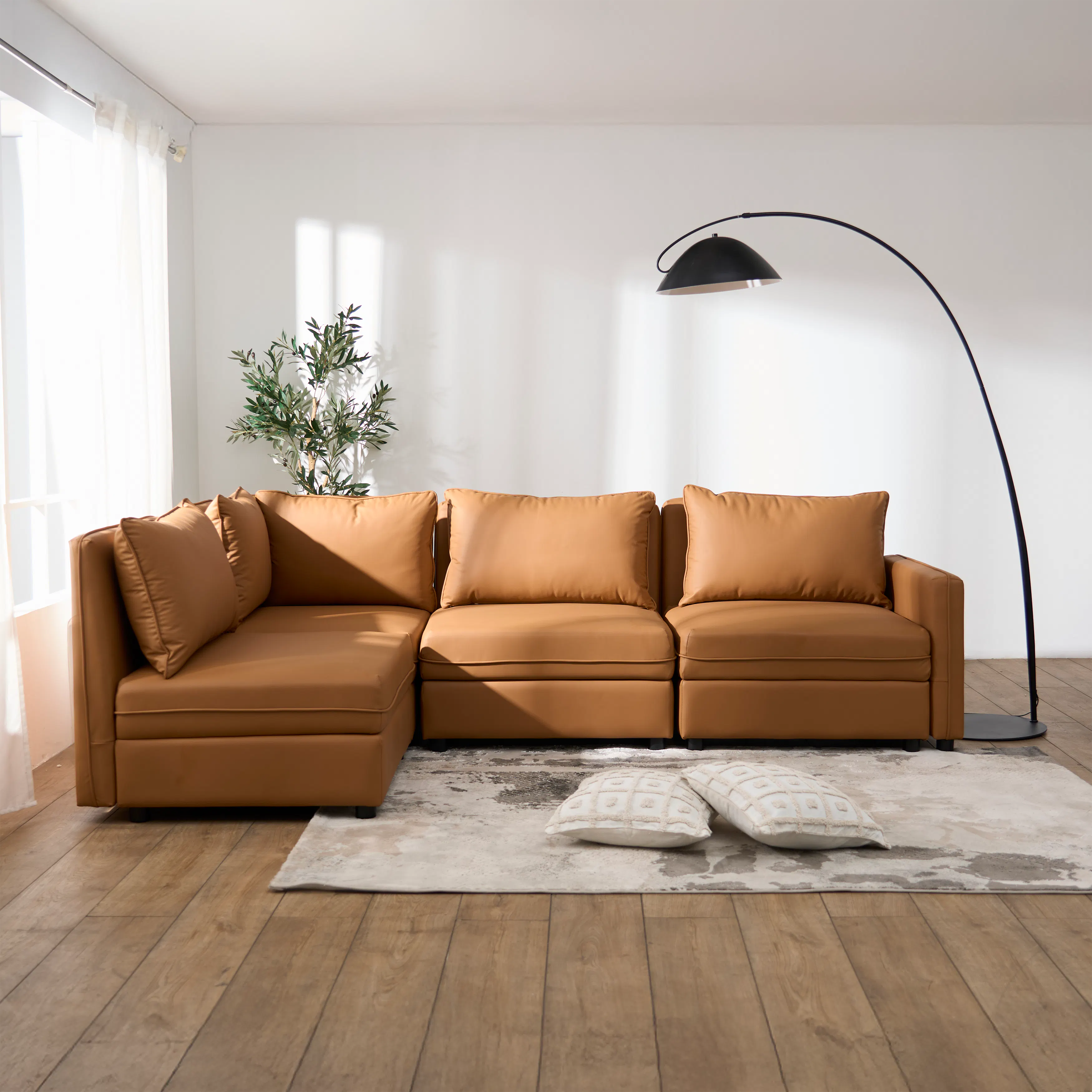 Cameron Right Storage Arm Unit - Tan (Pet Friendly) - 10 - Modern living room, minimalist design, cozy sofa, brown leather