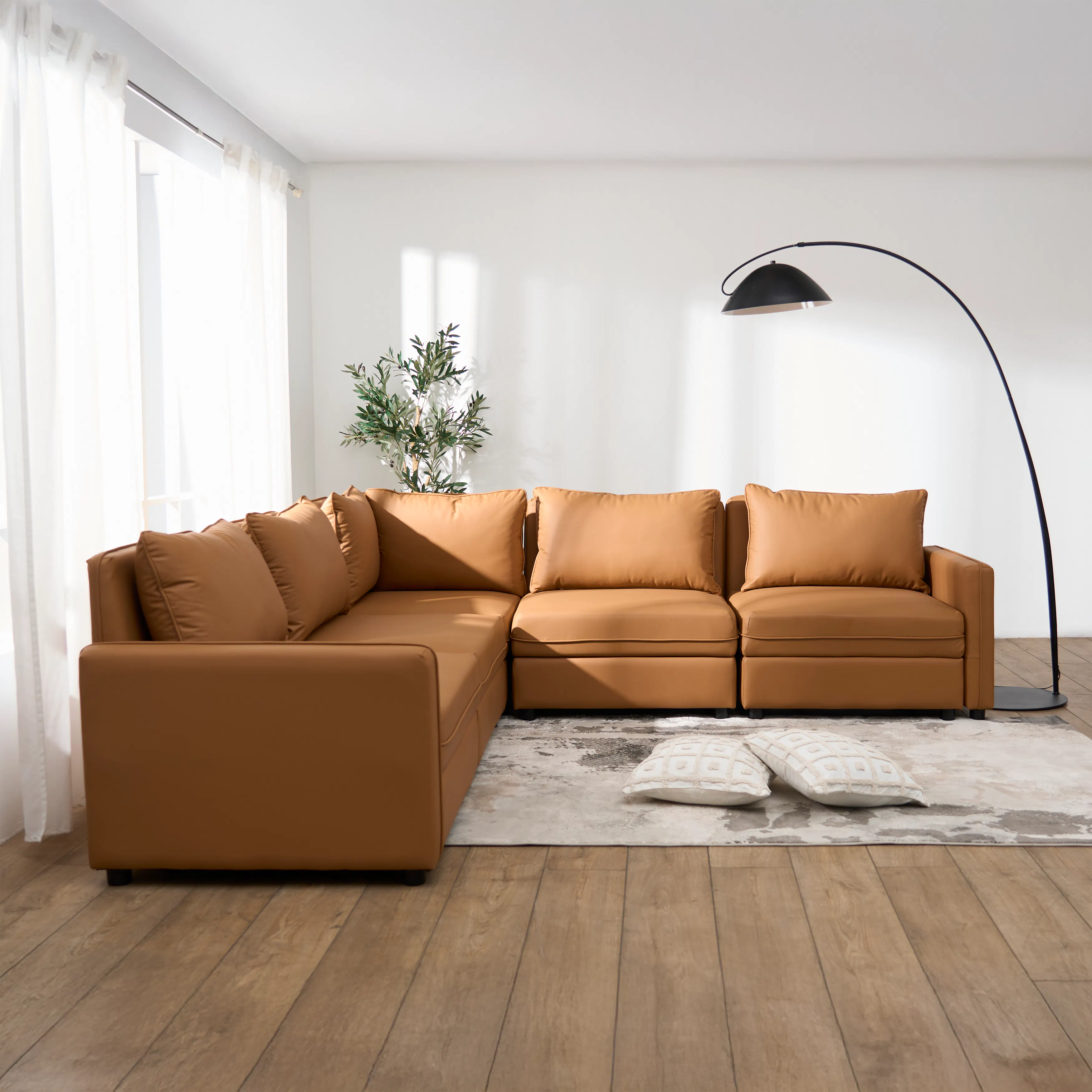 Cameron Right Storage Arm Unit - Tan (Pet Friendly) - 9 - Modern living room with large brown leather sofa, floor lamp with