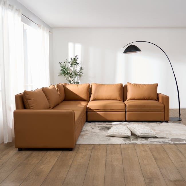 Cameron Right Storage Arm Unit - Tan (Pet Friendly) - 9 - Modern living room with large brown leather sofa, floor lamp with