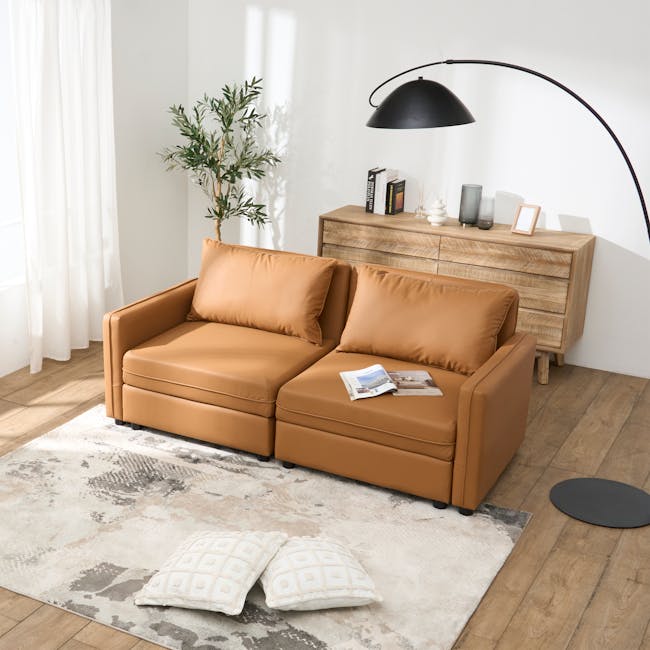 Cameron Right Storage Arm Unit - Tan (Pet Friendly) - 8 - Modern living room, cozy sofa, brown leather, white curtains