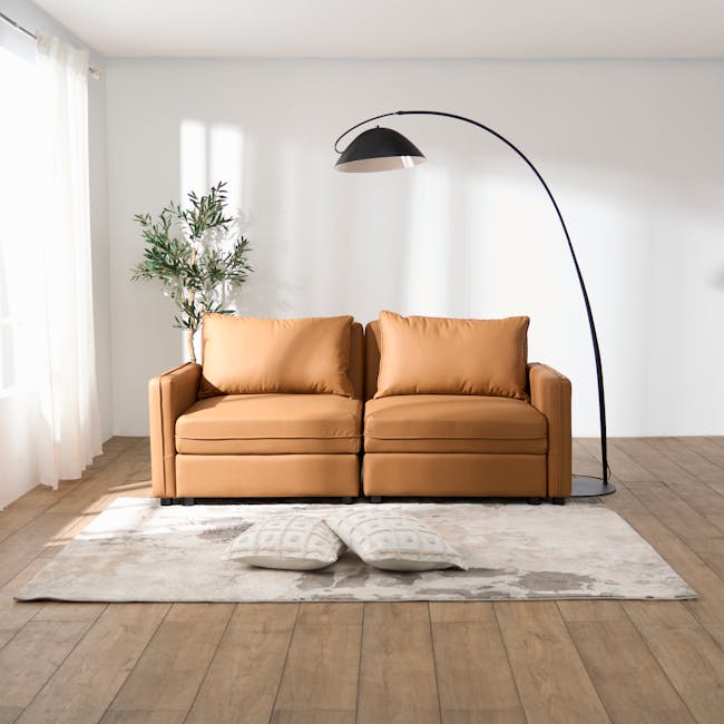 Cameron Right Storage Arm Unit - Tan (Pet Friendly) - 6 - Bright room with large window, white curtains, modern brown sofa