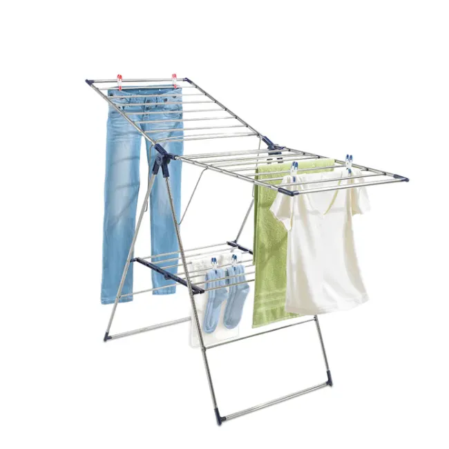 Leifheit Pegasus Flex Stainless Steel Dryer - 3 - Foldable laundry drying rack, metal frame, two-tier design, blue jeans