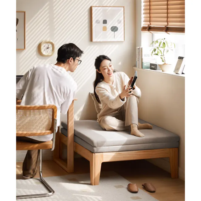 Mariel Lounge Sofa Bed - Chestnut - 4 - Sunlit room, cozy atmosphere, modern decor, comfortable seating, woman and man