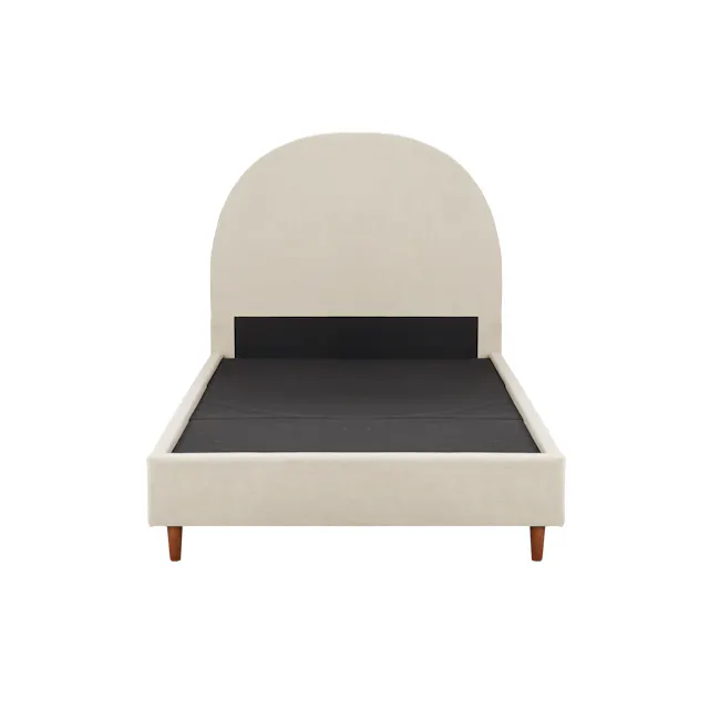 Aspen Single Bed - Acru - 2 - Cream upholstered bed frame, black mattress, beige upholstered headboard, wooden legs