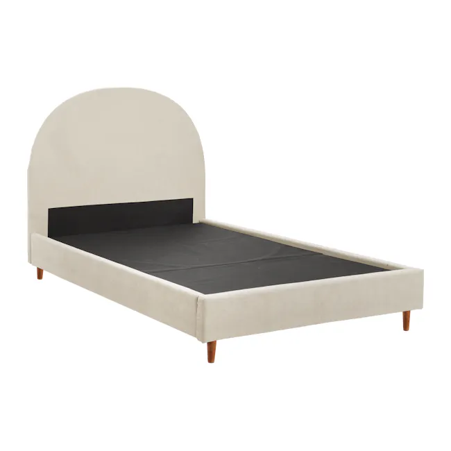 Aspen Single Bed - Acru - 3 - Cream upholstered bed frame, black mattress, beige headboard, wooden legs, minimalist design