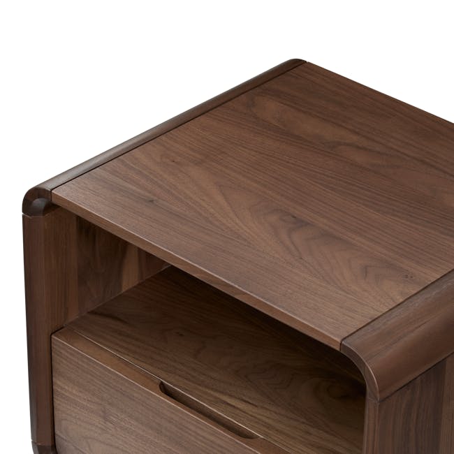 Bonnie Bedside Table - Walnut - 8 - Wooden table with smooth surface, dark brown finish, curved top edge, drawer handles
