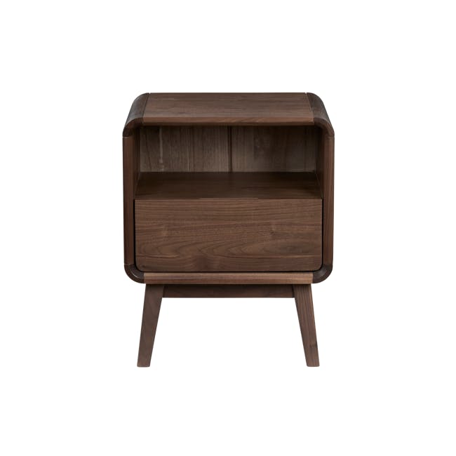 Bonnie Bedside Table - Walnut - 3 - Wooden side table, dark wood finish, minimalist design, rectangular shape, open shelf