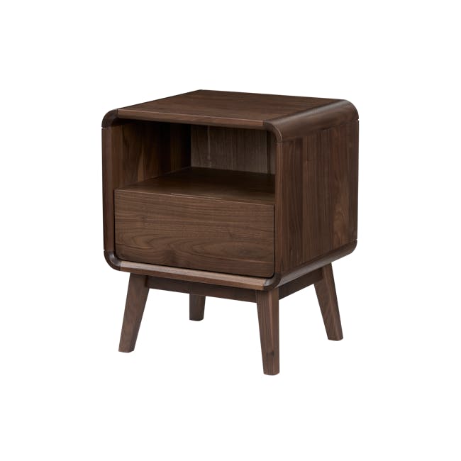 Bonnie Bedside Table - Walnut - 4 - Dark brown wooden stool, minimalist design, rectangular shape, open shelf, side table
