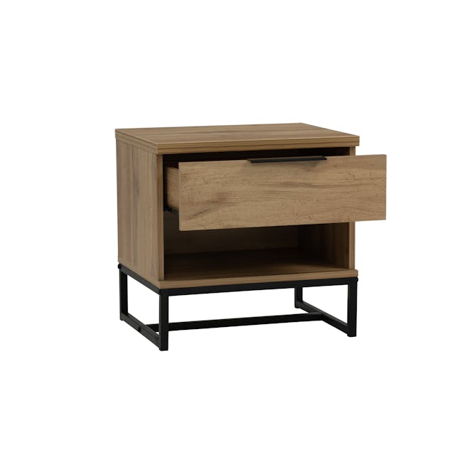Wayne Bedside Table - Black, Wotan Oak - 2 - Wooden desk with black metal legs, minimalist design, open drawer, natural wood
