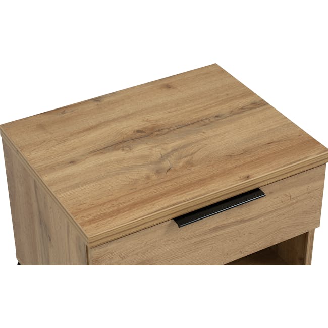 Wayne Bedside Table - Black, Wotan Oak - 9 - Wooden desk with natural grain texture, rectangular shape, light brown finish