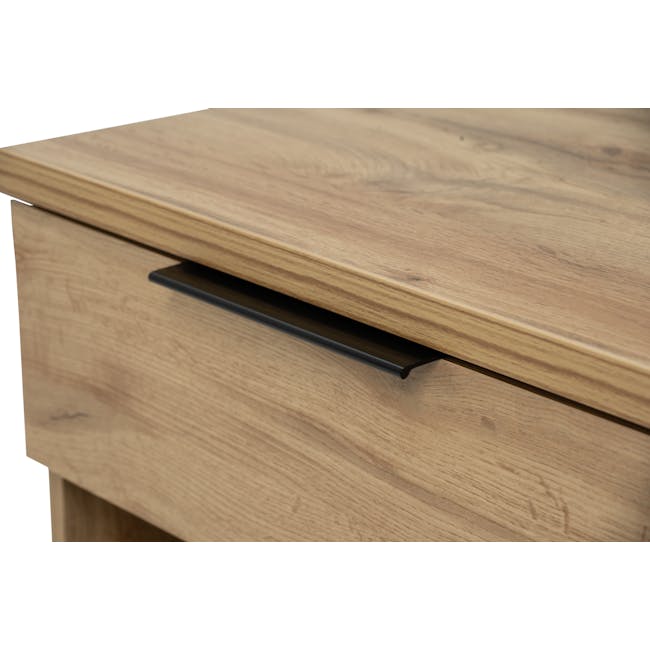 Wayne Bedside Table - Black, Wotan Oak - 11 - Wooden desk drawer, sleek black handle, natural wood grain, minimalist design