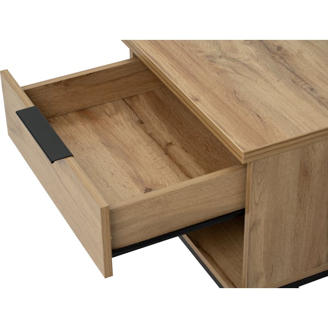 Wayne Bedside Table - Black, Wotan Oak - 12 - Wooden drawer with black handle, minimalist design, natural wood grain, clean