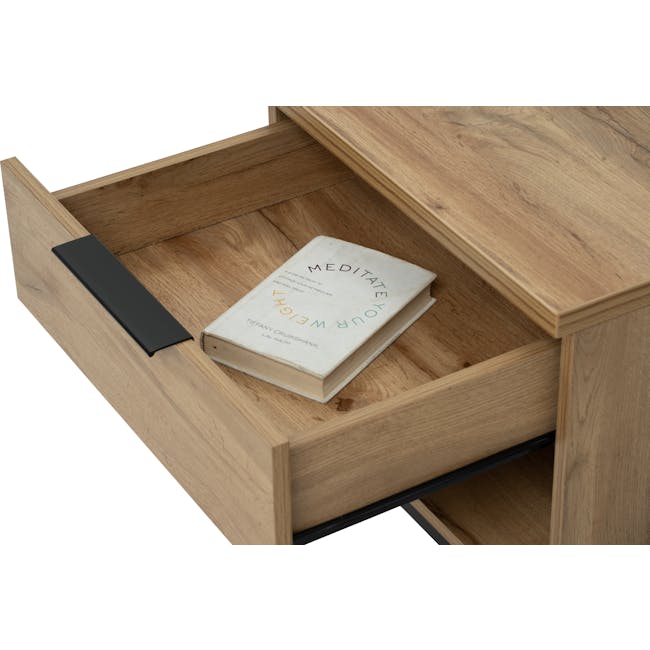 Wayne Bedside Table - Black, Wotan Oak - 13 - Wooden drawer, open drawer, book on drawer, minimalist design, natural wood