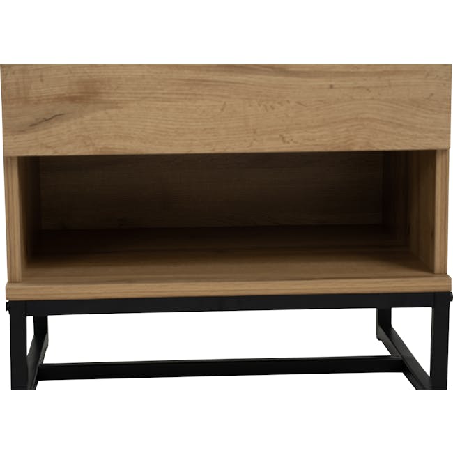 Wayne Bedside Table - Black, Wotan Oak - 15 - Wooden shelf with black metal legs, minimalist design, clean lines, natural