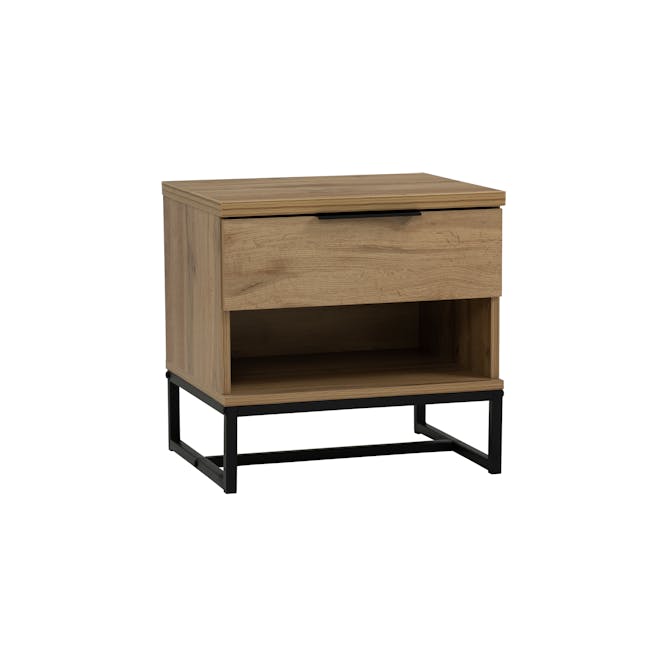 Wayne Bedside Table - Black, Wotan Oak - 1 - Wooden side table with black metal legs, minimalist design, natural wood