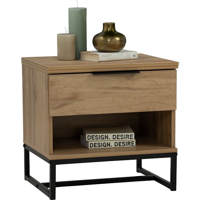 Wayne Bedside Table - Black, Wotan Oak - 3 - Wooden side table, minimalist design, light wood finish, black metal legs, open