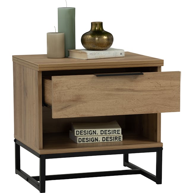 Wayne Bedside Table - Black, Wotan Oak - 4 - Wooden side table, minimalist design, natural wood finish, black metal legs