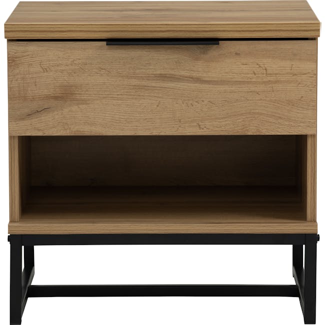 Wayne Bedside Table - Black, Wotan Oak - 5 - Wooden desk with black metal legs, minimalist design, natural wood top, open