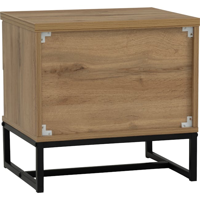 Wayne Bedside Table - Black, Wotan Oak - 7 - Wooden cabinet with metal legs, light brown wood finish, black metal frame