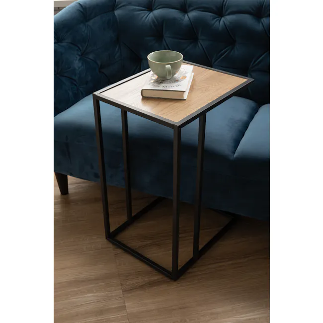 Daniela Carry Side Table - 3 - Modern cozy living room, minimalist design, dark blue tufted sofa, wooden coffee table
