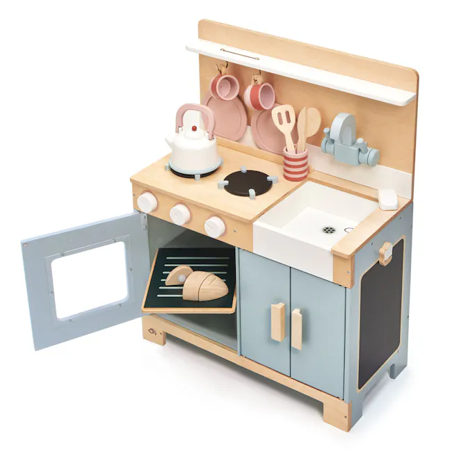 Tender Leaf Toy Kitchen - Mini Chef Home Kitchen - 4 - Wooden kitchen set with children's features, open oven door, wooden